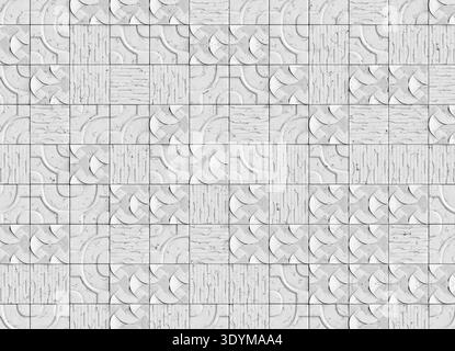 Dekorative architektonische Oberfläche aus quadratischen weißen Marmorfliesen, die in einem sich wiederholenden Raster angeordnet sind. Das Muster kombiniert glatte Panels mit geschnitzten GE Stockfoto