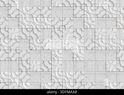 Dekorative architektonische Oberfläche aus quadratischen weißen Marmorfliesen, die in einem sich wiederholenden Raster angeordnet sind. Das Muster kombiniert glatte Panels mit geschnitzten GE Stockfoto