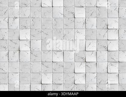 Dekorative architektonische Oberfläche aus quadratischen weißen Marmorfliesen, die in einem sich wiederholenden Raster angeordnet sind. Das Muster kombiniert glatte Panels mit geschnitzten GE Stockfoto