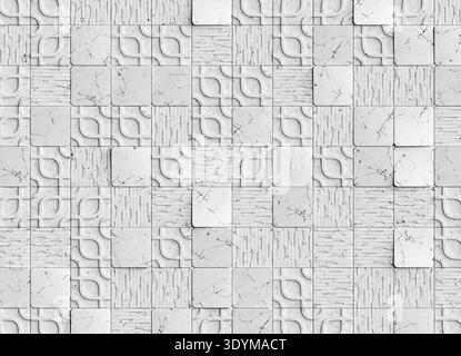 Dekorative architektonische Oberfläche aus quadratischen weißen Marmorfliesen, die in einem sich wiederholenden Raster angeordnet sind. Das Muster kombiniert glatte Panels mit geschnitzten GE Stockfoto