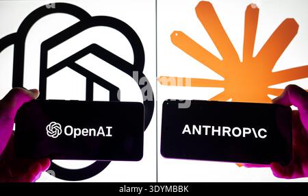 Logos der KI-Unternehmen OpenAI und Anthropic werden auf Smartphone-Bildschirmen angezeigt, die den Wettbewerb in der generativen künstlichen Intelligenz darstellen, groß Stockfoto