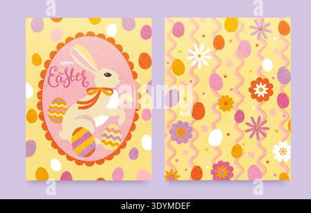Set von Osterflyern. Niedlicher Osterhase im bunten Vintage-Rahmen und bunten Paint-Eier und Blumen auf welligen Linien heller Hintergrund. Feiertagshintergrund. Vorlage für Design, Web, Banner, Post, Verkauf. Vektor Stock Vektor