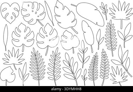Verschiedene tropische Blätter umranden. Detaillierte Zeichnungen für botanische Malbücher, Muster und kreative Vektorentwurfprojekte Stock Vektor
