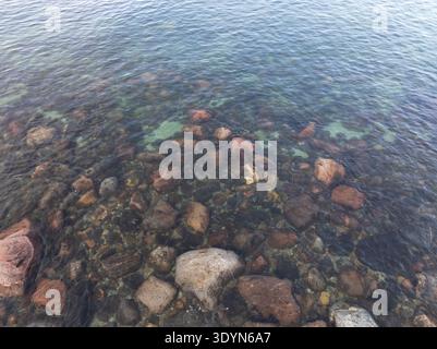 Von oben nach unten blickt man auf das klare, flache Ostseewasser mit glatten bunten Felsen und Steinen auf dem sandigen Meeresboden. Stockfoto
