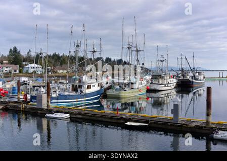 Handelsfischereiboote, die an Docks in der Comox Marina unter einem bewölkten Himmel auf Vancouver Island, British Columbia, festgemacht sind. Stockfoto