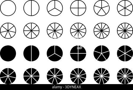 Gruppe von Kreisen, die in Teile von 1 bis 12 unterteilt sind, isoliert auf weißem Hintergrund. Torten- oder Pizzaformen werden in gleiche Scheiben geschnitten. Runden Sie Geschäftsdiagramme oder Diagrammbeispiele ab. Vektorgrafik. Stock Vektor