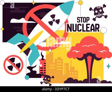 Stop Nuclear Peace Campaign Vektor Illustration mit Rakete, Strahlungssymbol, Taube und Stadt Explosion, Sag No to war Anti Nuclear Awareness Design Stock Vektor