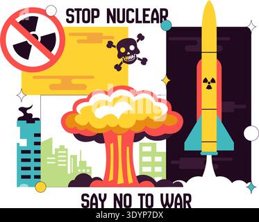 Stop Nuclear Peace Campaign Vektor Illustration mit Rakete, Strahlungssymbol, Taube und Stadt Explosion, Sag No to war Anti Nuclear Awareness Design Stock Vektor