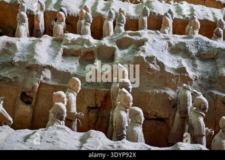 Seitenansicht der berühmten Terrakotta-Armeekrieger im Mausoleum von Kaiser Qin Shi Huang in Xi'an Stockfoto