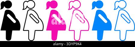 Vektor-Illustration von sechs stilisierten schwangeren Frauen-Ikonen in Schwarz, Rosa und Blau, umrissen und gefüllt. Ideal für Mutterschaft, Gesundheit oder medizinisches Design Stock Vektor
