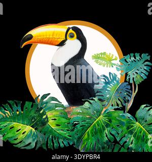 Ein Vogel mit großem Schnabel, Tukan-Vogel sitzt auf dem Zweig mit Monstera-Blatt (Monstera deliciosa) auf schwarzem Hintergrund. Aquarellmalerei Illustratio Stockfoto