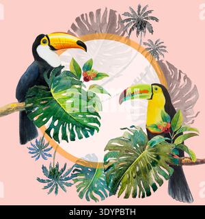 Tropisches Sommerlaub mit Toucan-Vogel. Aquarell handgezeichnet, Vogel- und Monstera-grüne Palme, tropische grüne Textur, Malerei Illustration auf Stockfoto