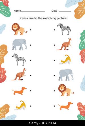 Informationsblatt zum Tierübereinstimmungsspiel. Pädagogisches Druckblatt für Kinder. Vektorabbildung Stock Vektor
