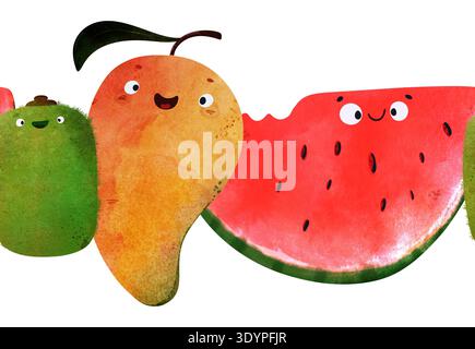 Nahtloses Muster mit tropischen Früchten: Happy Mango, saftige Wassermelonenscheibe, Kiwi. Helle Aquarelltexturen, verspielte Gesichter. Perfekt für Babyduschen Stockfoto