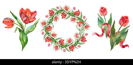 Leuchtende Aquarellkollektion aus roten Tulpen mit einem üppigen Blumenstrauß, einem eleganten runden Kranz und einer romantischen Tulpenkomposition, die mit einem Rot verflochten ist Stockfoto