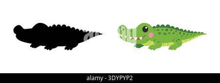 Niedlicher Krokodil-Cartoon mit Schatten-Silhouette für Kinder Lernspiel Vektor Stock Vektor