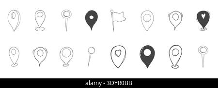 Doodle Location Pin Set, Pin Line handgezeichnet für Planer oder Karte. GPS-Navigationsmarkierungen, Markierungen, Flaggensymbole. . Vektorabbildung Stock Vektor