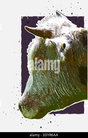 Das digital verbesserte Bild einer Kuh senkt den Kopf ab, um auf üppig grünem Gras auf einem Feld zu grasen, und fängt einen Moment des fügsamen Verhaltens und der Natur der Tiere ein Stockfoto
