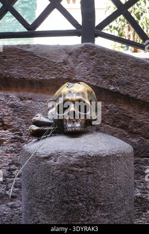 Ein alter bronzener Schädel ruht auf einer Steinsäule Stockfoto