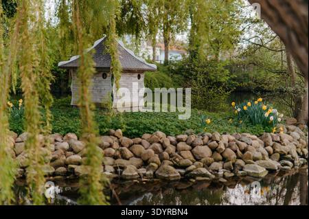 Entenhaus auf einer kleinen Insel im Park Teich im Frühling Stockfoto