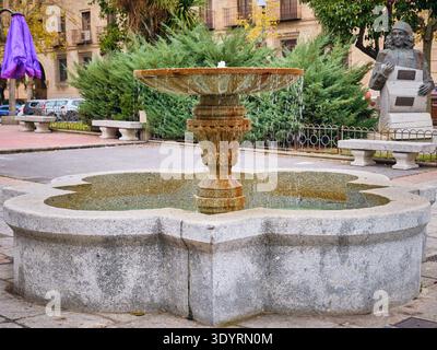 Blick auf einen alten Steinbrunnen steht als Herzstück in einem Park, umgeben von Grün und Bänken, mit einer Statue im Hintergrund, Salamanca, Cast Stockfoto