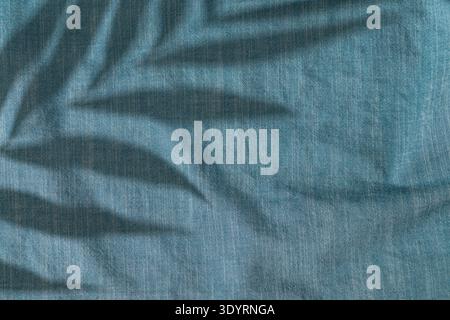 Tropische Palme hinterlässt Schatten auf dem Meeresfarbenhintergrund. Minimales Sommerkonzept. Abstraktes Hintergrundbild mit einem Spiel von Licht und Schatten. Stockfoto