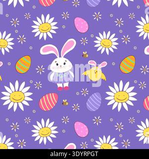 Nahtloses Muster mit niedlichen Häschen, Ostereiern, Küken und winzigen Blumen. Niedliche handgezeichnete Hasen und Küken. Perfekt für Textilien, Tapeten und Wr Stock Vektor