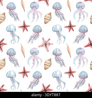 Nahtloses Muster von Quallen, Muscheln, Seesternen. Unterwasserwelt Clipart. Handgezeichnete Aquarellillustrationen für das Meer und das Meeresmotiv Stockfoto
