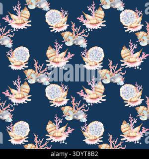 Nahtloses Muster von Muscheln in Aquarellen, schönen Korallen, Perlen auf dunkelblauem Hintergrund. Ozean. Clipart. Handgezeichnete Illustration für Unterwasser-das Stockfoto
