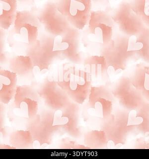 Romantisches nahtloses Muster mit weißen Herzen auf rosa Aquarellhintergrund. Handgezeichnete Aquarellzeichnung Illustration. Ideal für Textiltapeten pac Stockfoto