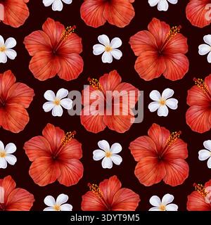 Nahtloses tropisches Muster mit rotem Hibiskus und weißen Plumeria-Blüten, grünen Blättern, ideal für Stoff, Tapeten, Verpackung, Schreibwaren und Blumenmuster im Sommer. Stockfoto