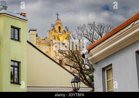 Der gelbe barocke Giebel einer historischen Kirche, die sich über den Dächern erhebt, und die pastellfarbenen Fassaden von Gebäuden in der Altstadt von Vilnius, Litauen. Stockfoto