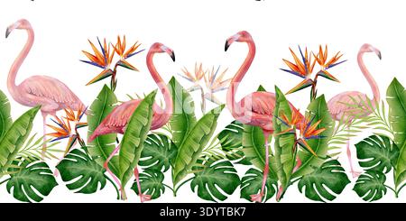 Tropische nahtlose Grenze mit rosafarbenen Flamingos, Paradiesvögeln, Hibiskus und Monsterablättern. Exotisches botanisches Dschungel-Design für Stoff, Textil, Tapeten, Geschenkpapier, Verpackung und Dekor Stockfoto