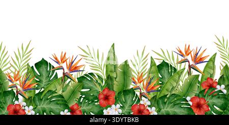 Nahtlose tropische Grenze mit Bananenblättern, Monstera-Laub, Hibiskus und Paradiesvögeln. Botanisches Design im Dschungel für Stoffe, Textilien, Tapeten, Geschenkpapier, Verpackungen und Dekor Stockfoto