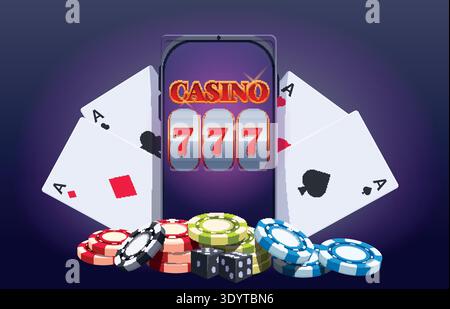 Online-Casino-Konzept. Digitale Glücksspiel-App für Smartphone, Spielautomat, Roulette, Glücksrad. Chips und Karten spielen, sapid-Vektorszene Stock Vektor