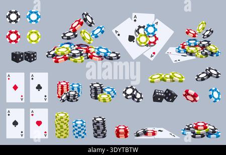 Casino Würfelkarten Chips. Spielkarte und Chip in Fliegen. Poker, Roulette-Zubehör, Glücksspiel Münzen verschiedene Drehungen und Winkel, sapid Vektor Set Stock Vektor