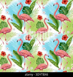 Nahtloses tropisches Muster mit rosafarbenen Flamingos, Hibiskusblüten und Monsterablättern. Exotisches botanisches Design für Stoffe, Textilien, Tapeten, Geschenkpapier, Verpackungen, Hintergrund- und Dekorationsdruck. Stockfoto
