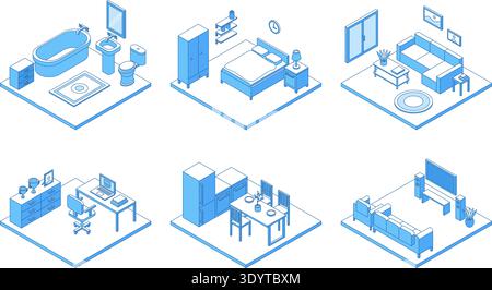 Isometrische Linienräume. Wohneinrichtung, Schlafzimmer, Wohnzimmer und Büro, Badezimmer. 3D-Möbel, Wohnungsbauelemente, raffinierter Vektor Stock Vektor