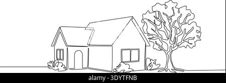Durchgehende Linienzeichnung eines einfachen Einfamilienhauses, Strichgrafik-Vektor-Illustration Stock Vektor