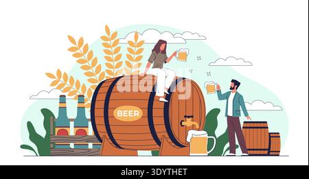 Leute mit Bier. Fass alkoholischer Getränke, Craft Brewing, berauschendes Getränk, Barkultur, Trinkkumpels, Flaschen und Tassen aus Holzfässern sind nirgendwo Stock Vektor
