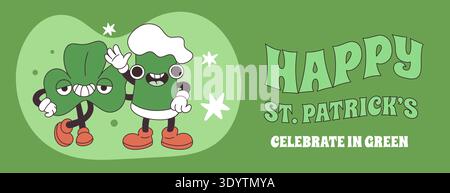 Biermaskottchen St. patrick. Grooviger grüner Getränketasse, Glücksklee, lustige lächelnde Gesichter, irische Zeichentrickfiguren, Feiertagsfeier horizontal Stock Vektor