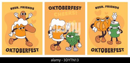 Biermaskottkarten. Oktoberfest groovige Retro-Charaktere, lustige Getränketasse, lächelnde Hopfenkegel, Brezel und bayerische Würstchen, Poster oder Print Stock Vektor