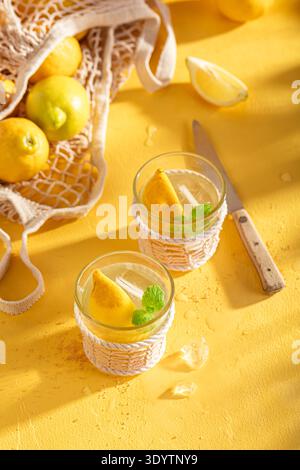 Hausgemachte und frische Limonade mit Minzblättern und Zitrusfrüchten. Gekühltes Getränk für heiße Tage. Stockfoto