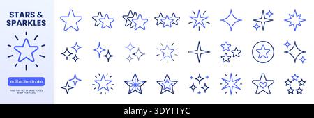 Sternlinien-Symbolgruppe. Glitzernde, funkelnde, preisgekrönte, glitzernde und geplatzte minimale Vektor-Illustrationen. Einfache Umrissschilder für leuchtende und leuchtende Konzepte. Blau Stock Vektor