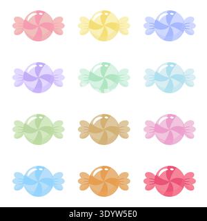 Set mit 12 gewickelten Swirl Bonbons in verschiedenen Farben. Niedliche Hochglanzbonbons mit süßen Twist-Verpackungen. Ideal für Süßwarengeschäfte, festliche Muster und Stock Vektor