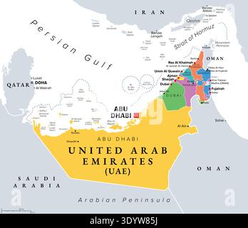 Emirate der Vereinigten Arabischen Emirate, VAE, politische Karte, mit Hauptstadt Abu Dhabi. Stockfoto