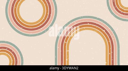 Boho Regenbogenlinien Pfad strukturierter Hintergrund. Horizontales Banner mit abstraktem Muster mit Bogenstreifen. Vektor Vintage, geschwungene Unterstriche geometrischer Hintergrund. Stock Vektor