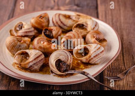 Gekochte bourgogne-Schnecken mit Butter auf einem Teller. Stockfoto