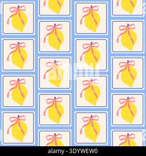 Nahtlose Buntstifte-Zitronen mit Bogenpoststempel. Vintage-Poster mit geometrischem Design für sommerliche Zitrusfrüchte, skurriles Design für Textilien, Dekorationsdruck in der Küche Stock Vektor