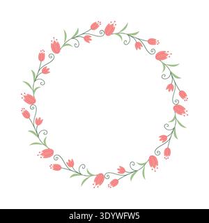Tulpe Blumenkranz Vektor flache Hand gezeichnete Stil botanische Grenze kreisförmige rosa Blumenrahmen Hochzeitseinladung und Grußkarte Hintergrund Stock Vektor